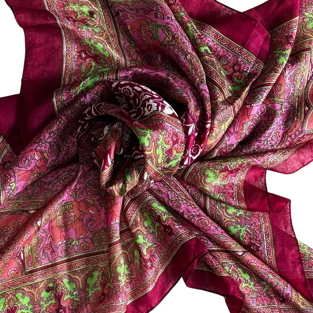 Sheer India Silk Scarf Boho square burgundy red & green paisley ornate elegant